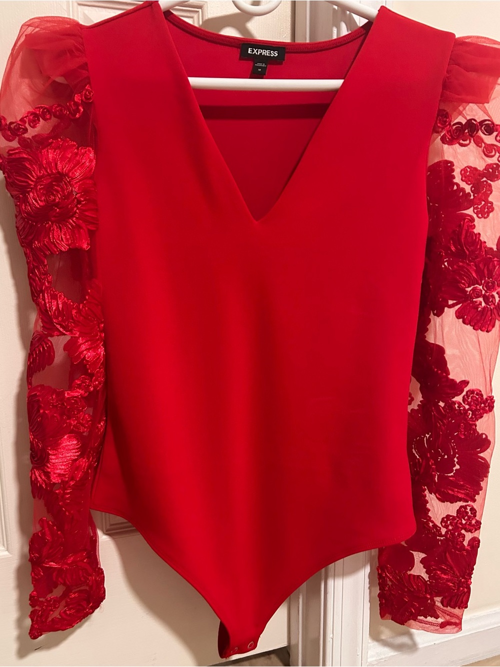 EXPRESS Floral Lace Puff Long Sleeve Thong Bodysuit Blouse Red V neck